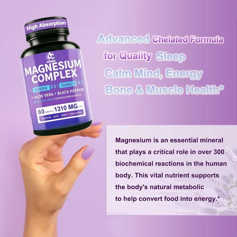 Cápsulas de Magnesio 1310mg - Glicina, Ácido Málico y Ácido Cítrico, Aloe Vera, Vitamina D3 y K2, Pimienta Negra