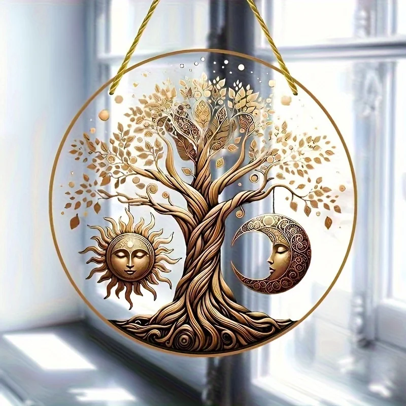 2D Flat Acrylic Material, Elegant Round Tree of Life Sun Catcher - Round Acrylic Sun Catcher, Circular Theme Hanging Decoration
