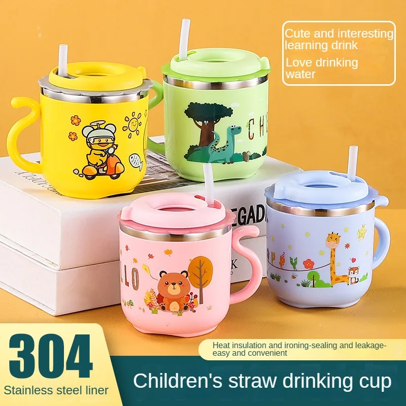 270ML Kids Water Sippy Cup Creative Cartoon Baby Feeding Cup with Straws Leakproof Water Bottle  Portable Children's Cups