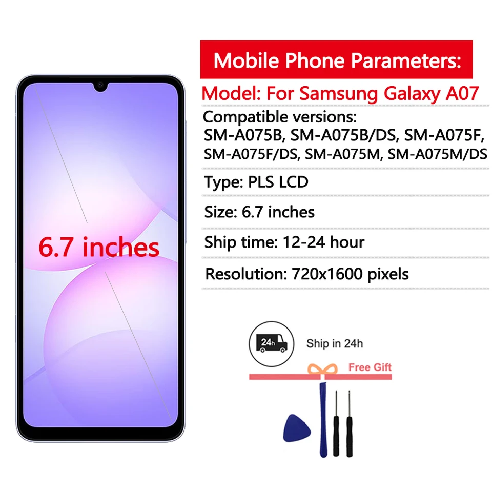 Pantalla LCD de 6.7" para Samsung Galaxy A07 4G, ensamblaje de táctil y digitalizador para Samsung A075F A075B A075M, reemplazo de pantalla 2