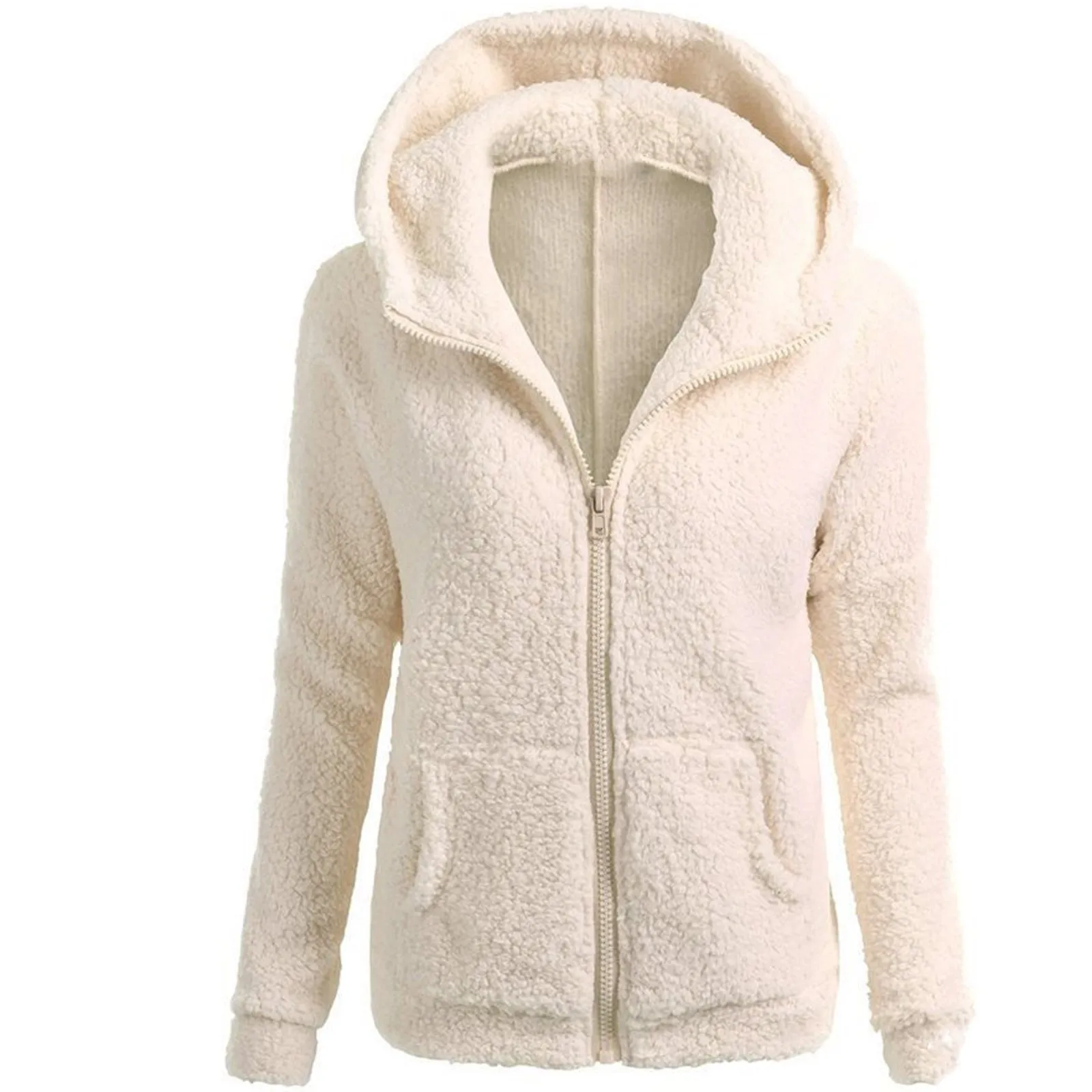 Women\'S Fashion Jackets Solid Lambswool Coat Slim Straight Hooded Plush Zip Up Jackets Autumn Winter Simple Versatile Jackets