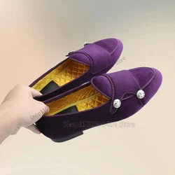 Purple Flock Button Decor Double Monk Men Loafers Fashion Slip On Men Shoes Luxury Handmade Party Feast Banquet Men Casual Shoes