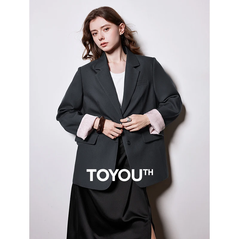 TOYOUTH Women Blazer Jacket 2025 Spring New Chinese Style Notched Collar Single Breasted Button Office Lady Blazer Suits