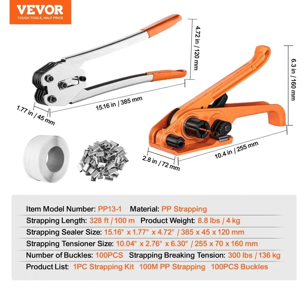 PP Banding Strapping Kit with Strapping Tensioner Tool, Banding Sealer Tool, 328 ft Length, 100 Metal Seals, Pallet Packaging