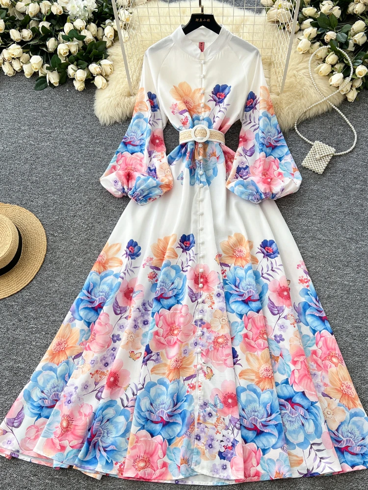 

Women Sexy Chic Vintage Lantern Sleeve Single Breasted Print Ruched Elegant Sashes Slim Long Dress Gothic Dress Women Clothing