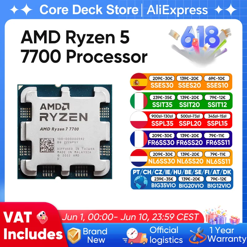 Processeur AMD Ryzen 7 7700, 8 cœurs/16 threads, Zen 4, 40 Mo de mémoire L3, 32 Mo de cache, 65 W TDP, fréquence boost jusqu'à 5,3 GHz, socket AM5, DDR5 et PCIe 5.0