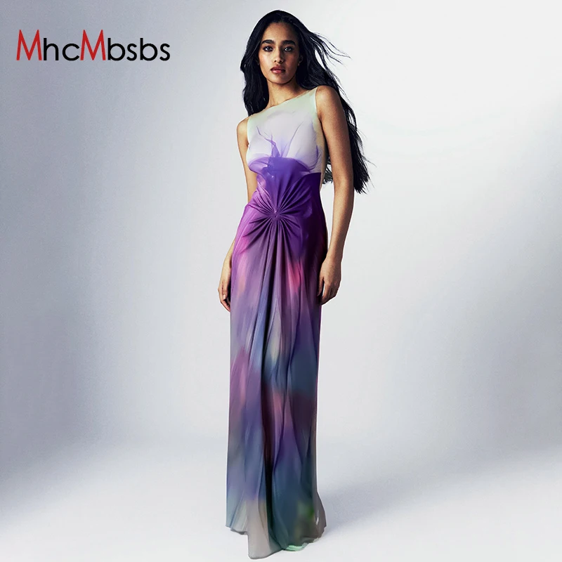 

Sexy Sleeveless Backless Tie Dyed Print Maxi Dress Women Cut Out Knotted Ruched Long Sundress 2024 Summer Beach Y2K Clothes