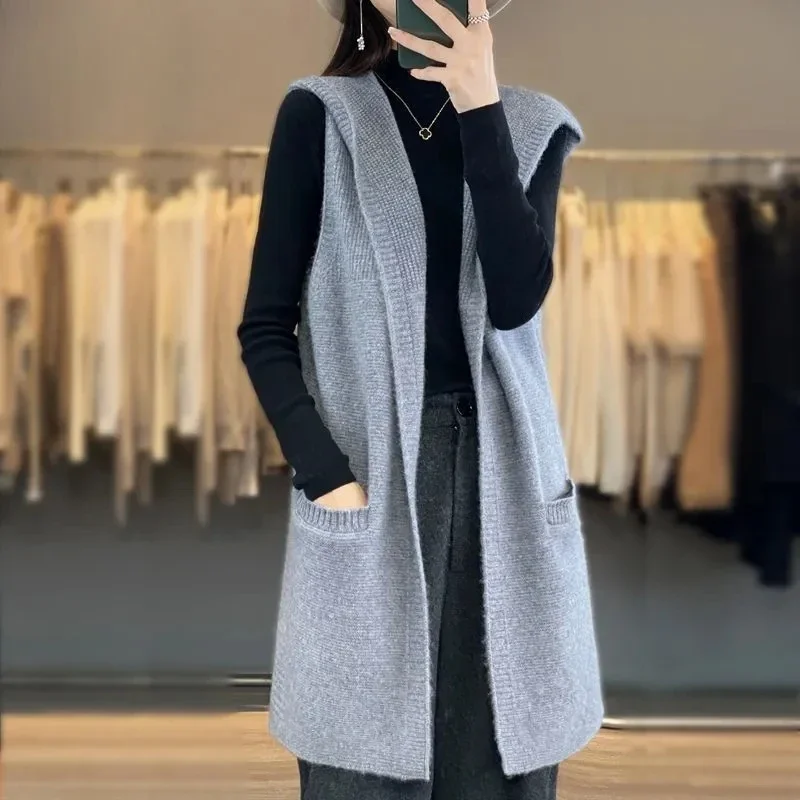 

Women Knitted Cardigan Vest Jacket 2024 Autumn Winter Foreign Aura Loose Ladies Vest Coat Hooded Fashion Lady Sweater Vest A599