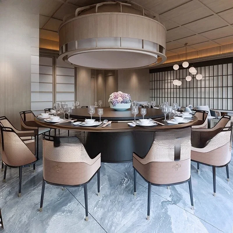 

New Chinese marble hotel dining table and chair combination electric large round table club restaurant private room villa