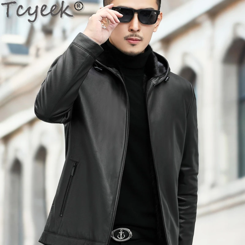 

Tcyeek High-end Natural Mink Fur Liner Coat Fashion Warm Winter Jacket Men Pure Deerskin Genuine Leather Man Jackets Hooded