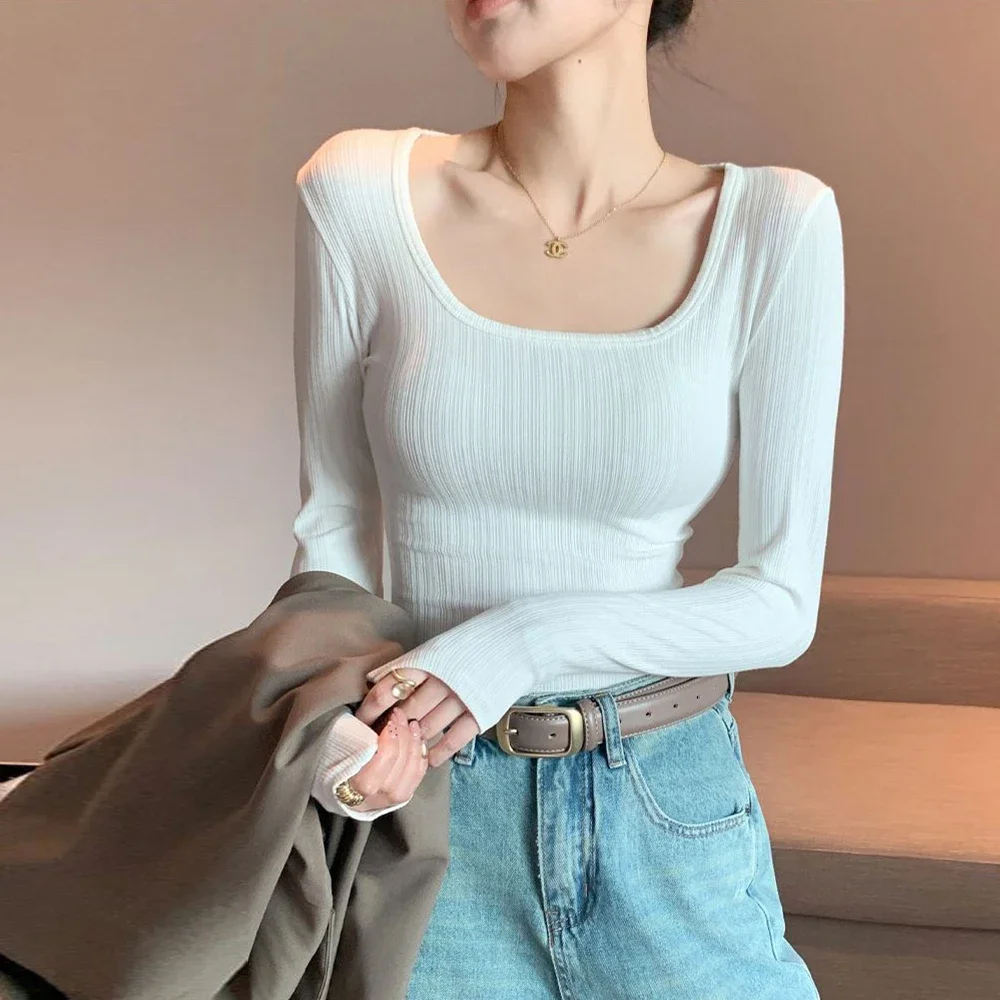 Women Sexy T-shirt Black Wine White Full Sleeve Slim Stretch Bottoming Tops Girl  O-Neck Long Sleeve Female Blouses Clothing