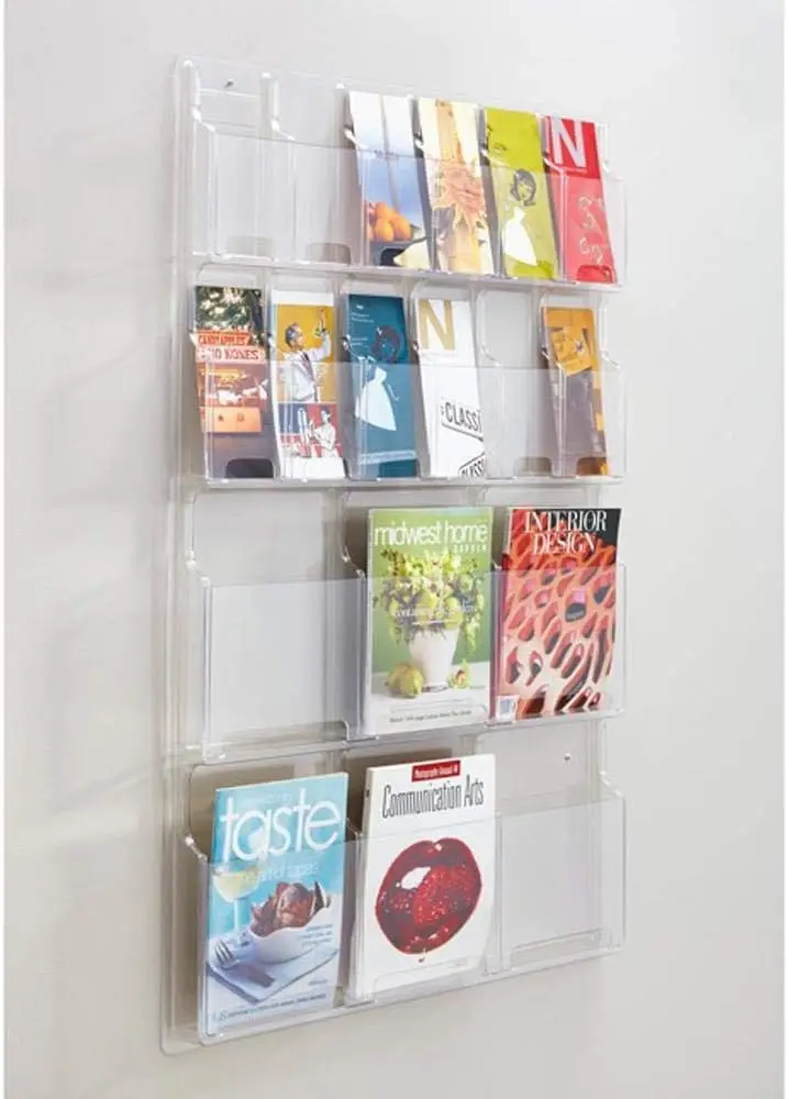 Reveal Magazine & Pamphlet Display, Clear Literature Rack, Fits 12 Pamphlets & 6 Magazines, Wall-Mounted Brochure Holder