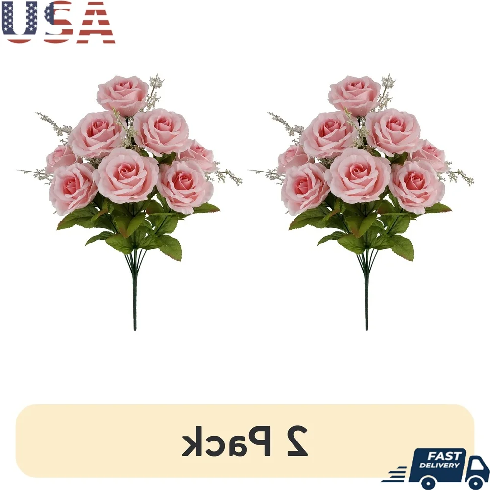 Paquete de 2 flores artificiales para interiores, rosa, arbusto, decoración para el hogar y la Oficina, centro de mesa, arreglo Floral para primavera y verano