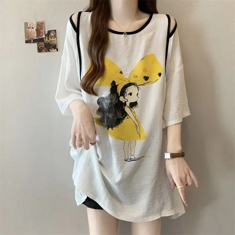 

Print Hollow Out Loose Pleated Casual Tops Summer Short Sleeve Ice Silk Plus Size Fashion T Shirts Korean Trend Women Clothing
