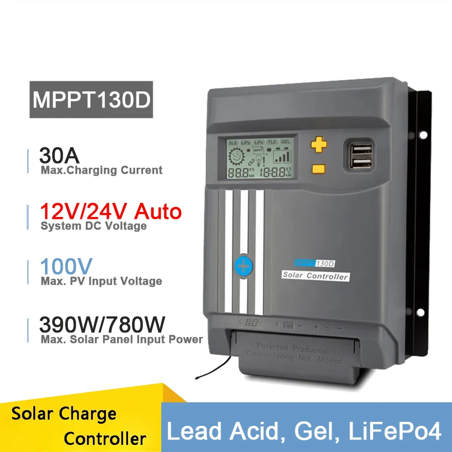 30A MPPT Solar Controller with WIFI 12V/24V Solar Panel Battery Regulator Charge Controller Dual USB LifePo4 Lithium AGM GEL