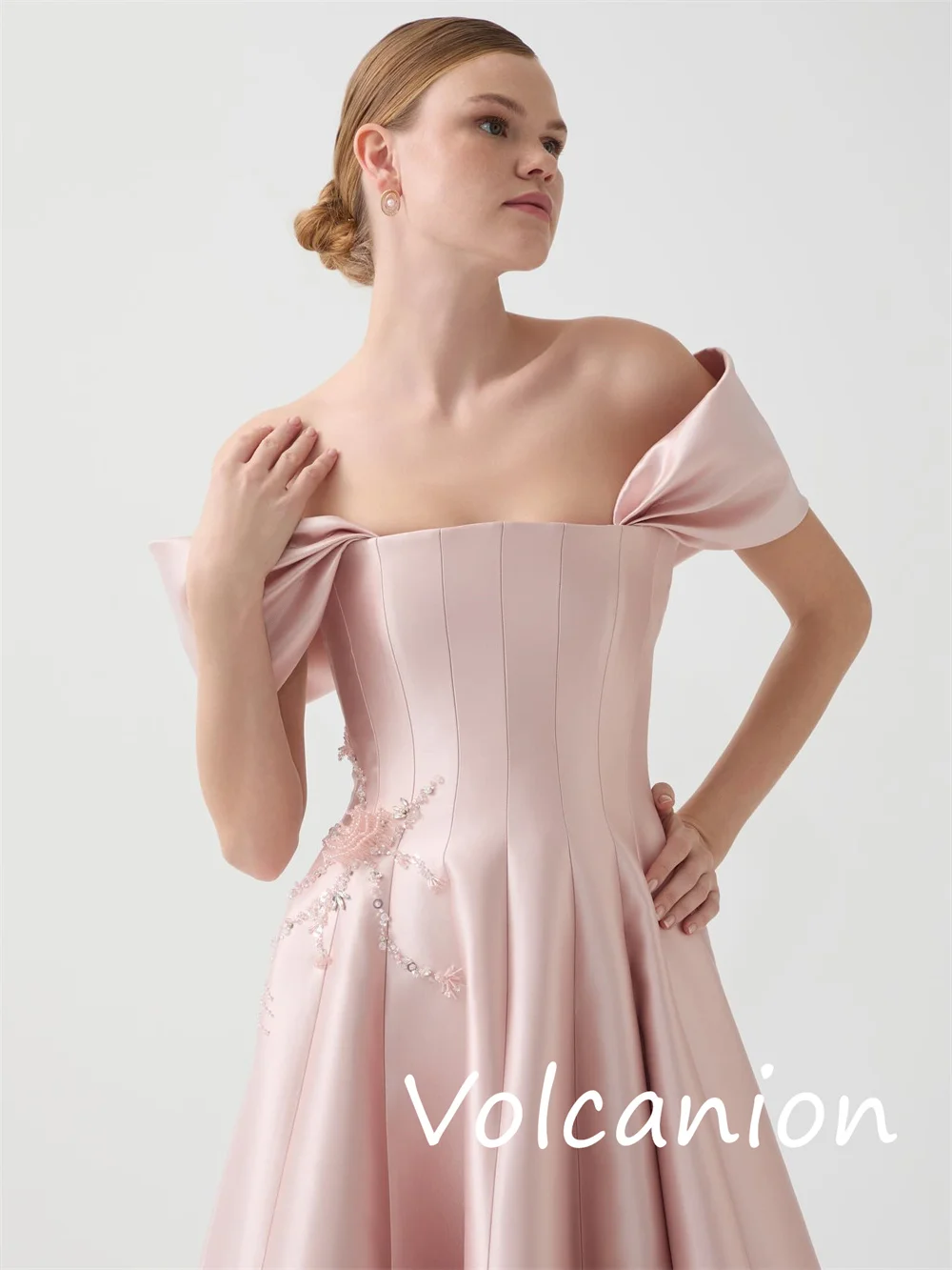 Customized Sparkle Pastrol Charmeuse Pleat A-line Off-the-shoulder Long Dresses Bespoke Occasion Casual