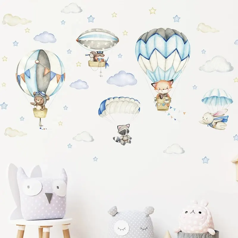 1PC Watercolor Animals Hot Air Balloon Clouds Stickers for Waterproof Removable PVC Kids Room Kindergarten Home Decoration