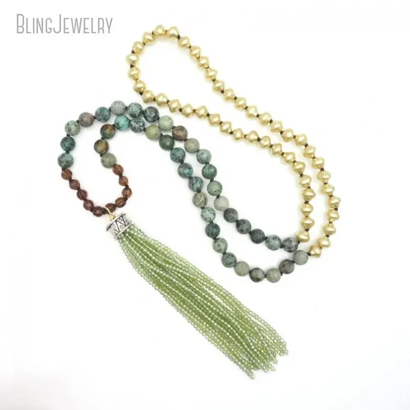 10pcs Boho Pearl African Turquoise Natural Stone Bead Long Layer Necklace Aesthetic Green Crystal Tassel Fringe Bohemian Jewelry