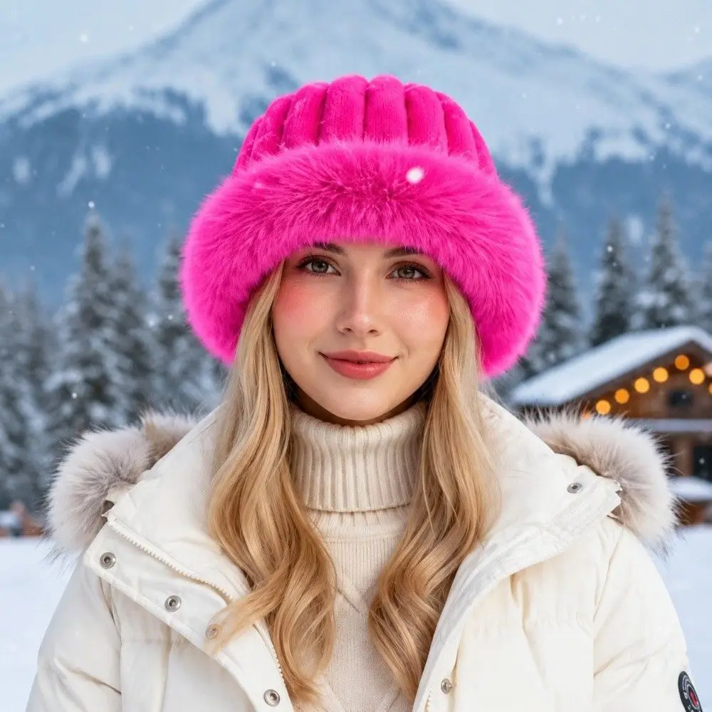 Vertical Texture Striped Fur Hat Faux Fur Brim Windproof Trapper Hats Thermal Insulation Soft Fluffy Winter Bonnet Commuting
