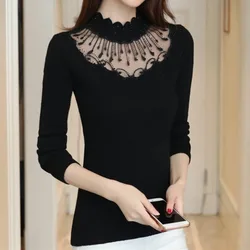 2023 Autumn and Winter Women's Half High Neck Knit with Lace and Diamond Slim Fit Casual Elegant Commuter Long Sleeve Sweater