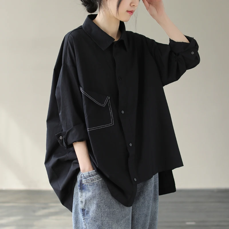 

Большие размеры, женские повседневные длинные све ирт, свободный крой, скрывающее мясо, для похудения, осенняя мода, корейский хлопковый воротник