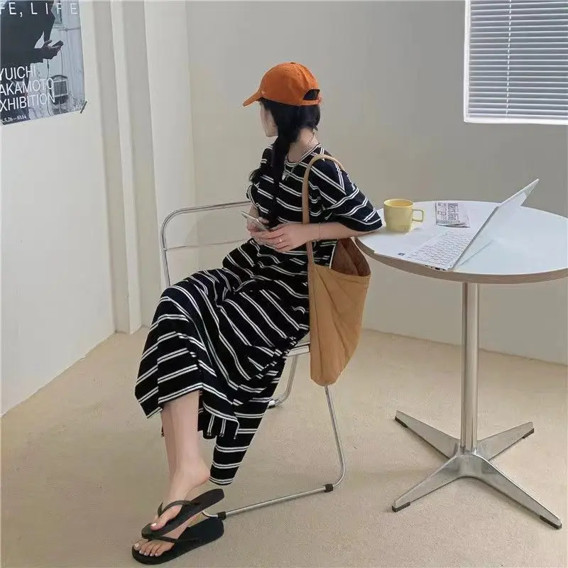 Striped Short Sleeve T Shirt Dress Summer New O-neck Plus Size Split Hem Loose Casual Dresses Fashion Korean Women Clothing