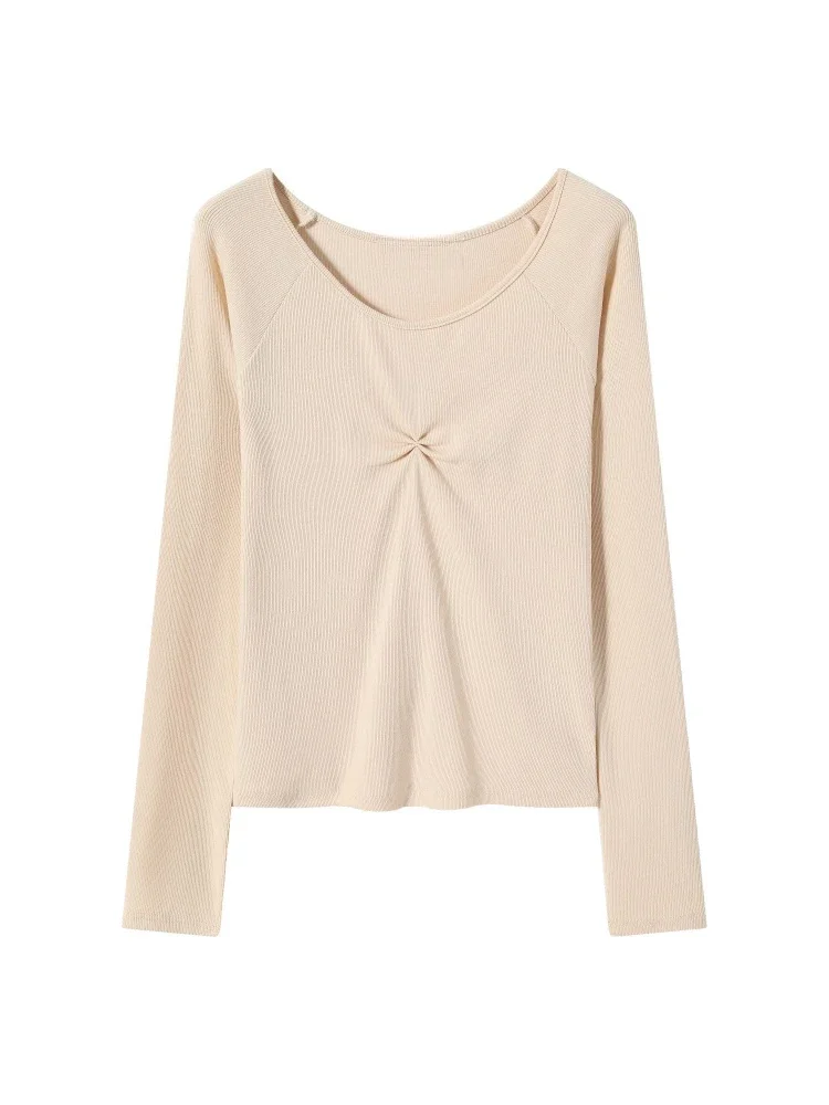 Solid Collarbone Revealing Pleated Base Layer Top 2026 Autumn Winter Women's T-Shirt Minimalist Slim Versatile Long Sleeve Tee