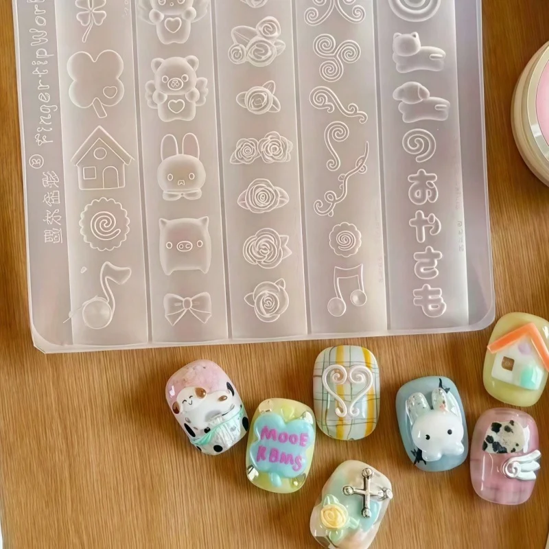 Retro 3D Silikon Nagelkunst-Form: Süße Mädchenflügel, vierblättriges Kleeblatt, Schwein, Hase, Schnitzerei, Blume, Noten, Schmetterling, Knoten-Design-Elemente – Detail 6