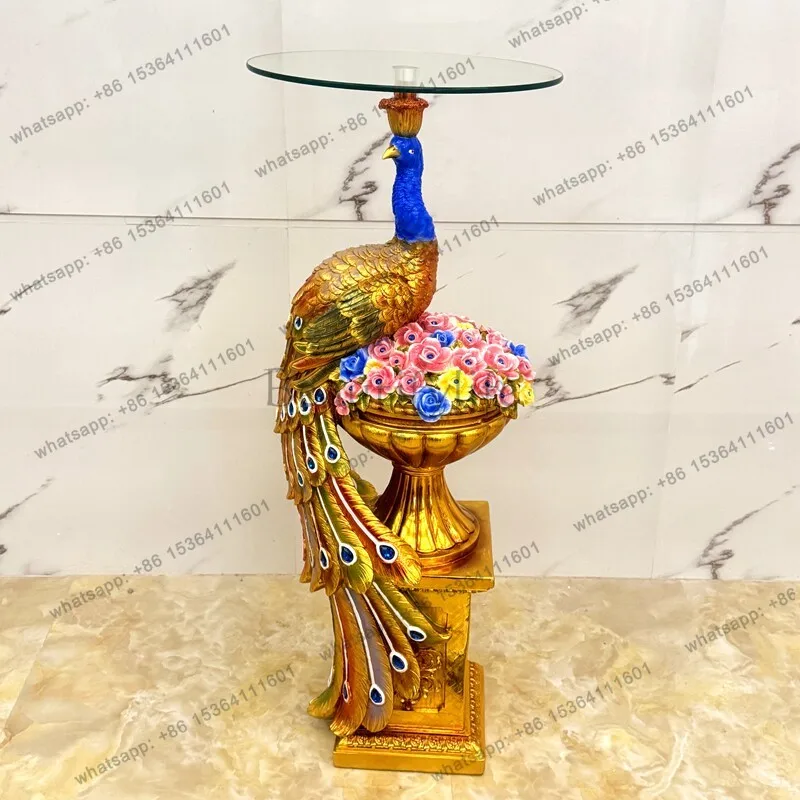 Peacock flower stand ornament, a few floor-to-ceiling large vases next to the living room sofa, European-style home decorations