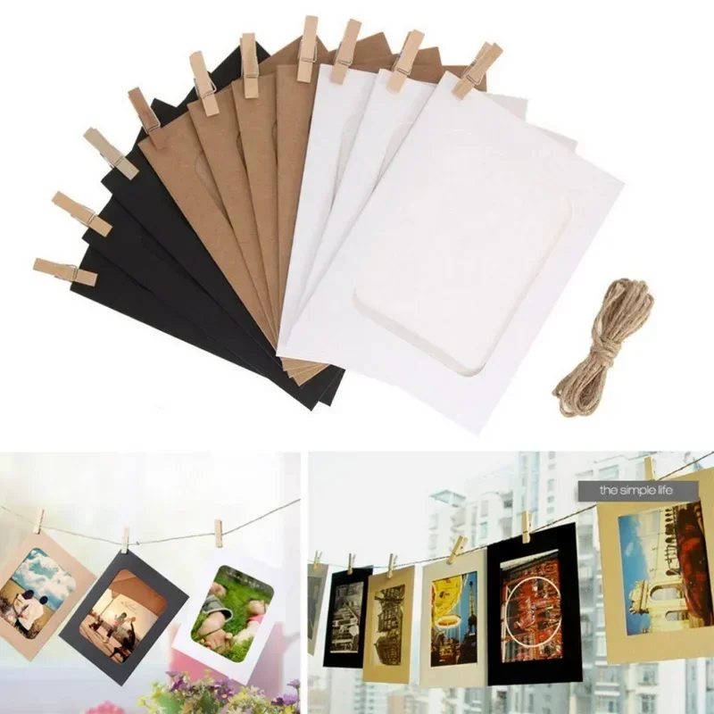 10pcs Great for Home Decor DIY Photo Frames DIY Kraft Paper Cardboard Photo Frame with Wooden Clips and String