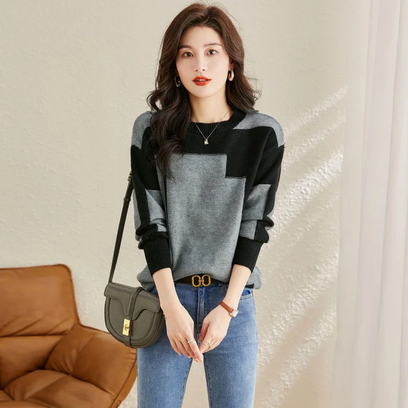 2023 Autumn/Winter New Round Neck Long Sleeve Sleeves Show Thin Contrast Knit Bottom Shirt Temperament Office Lady Women\'s Top