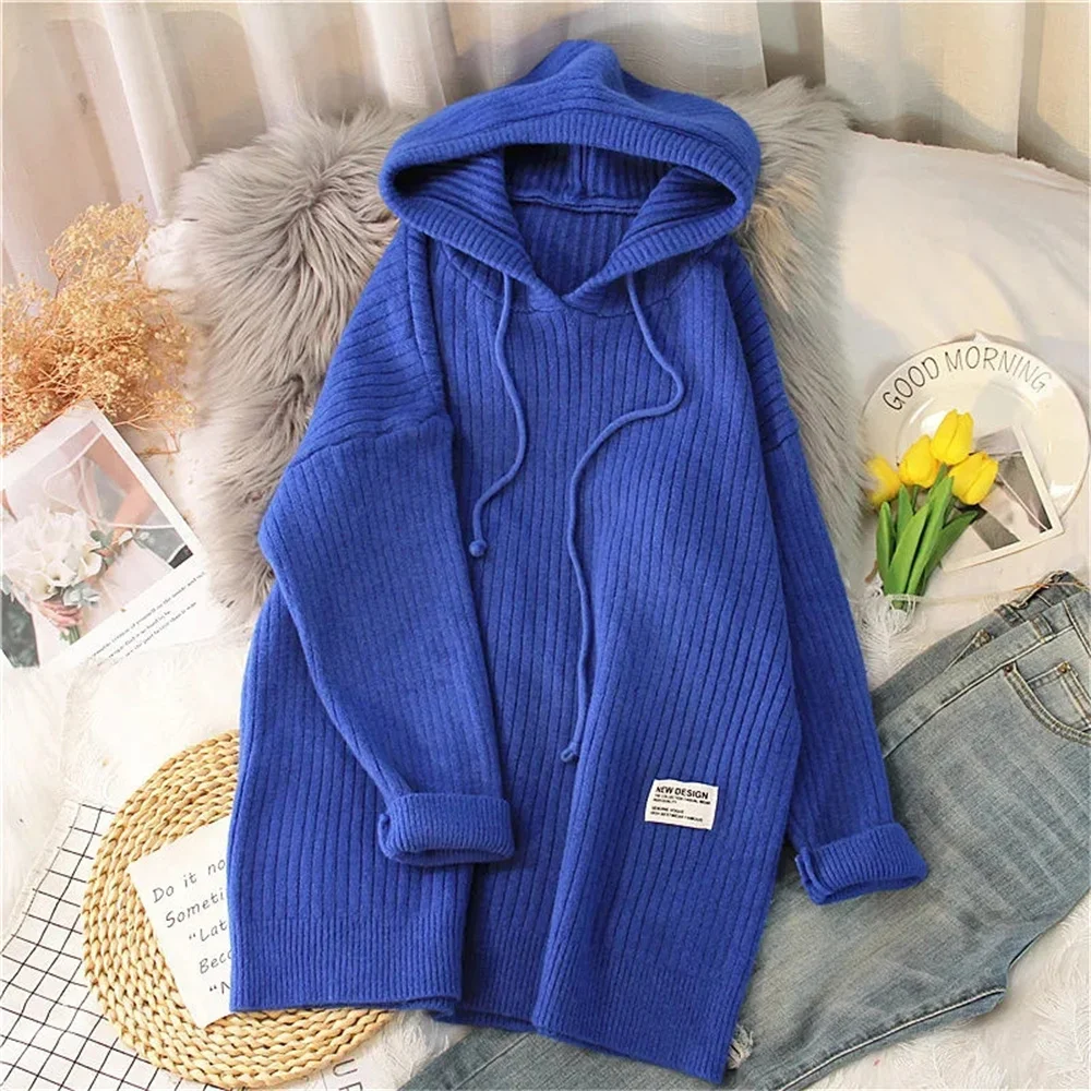

The New Fashion Solid Color Hooded Pullover Knit Sweater For Autumn/winter 2023 Women's Loose Medium Long And Thick Women's Wear