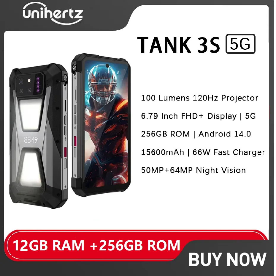 Прочный смартфон 8849 Tank 3S 5G Unihertz Android 14 с проектором 12 ГБ ОЗУ 256 ГБ ПЗУ 15600 мАч 64 МП ночного видения 66 Вт NFC