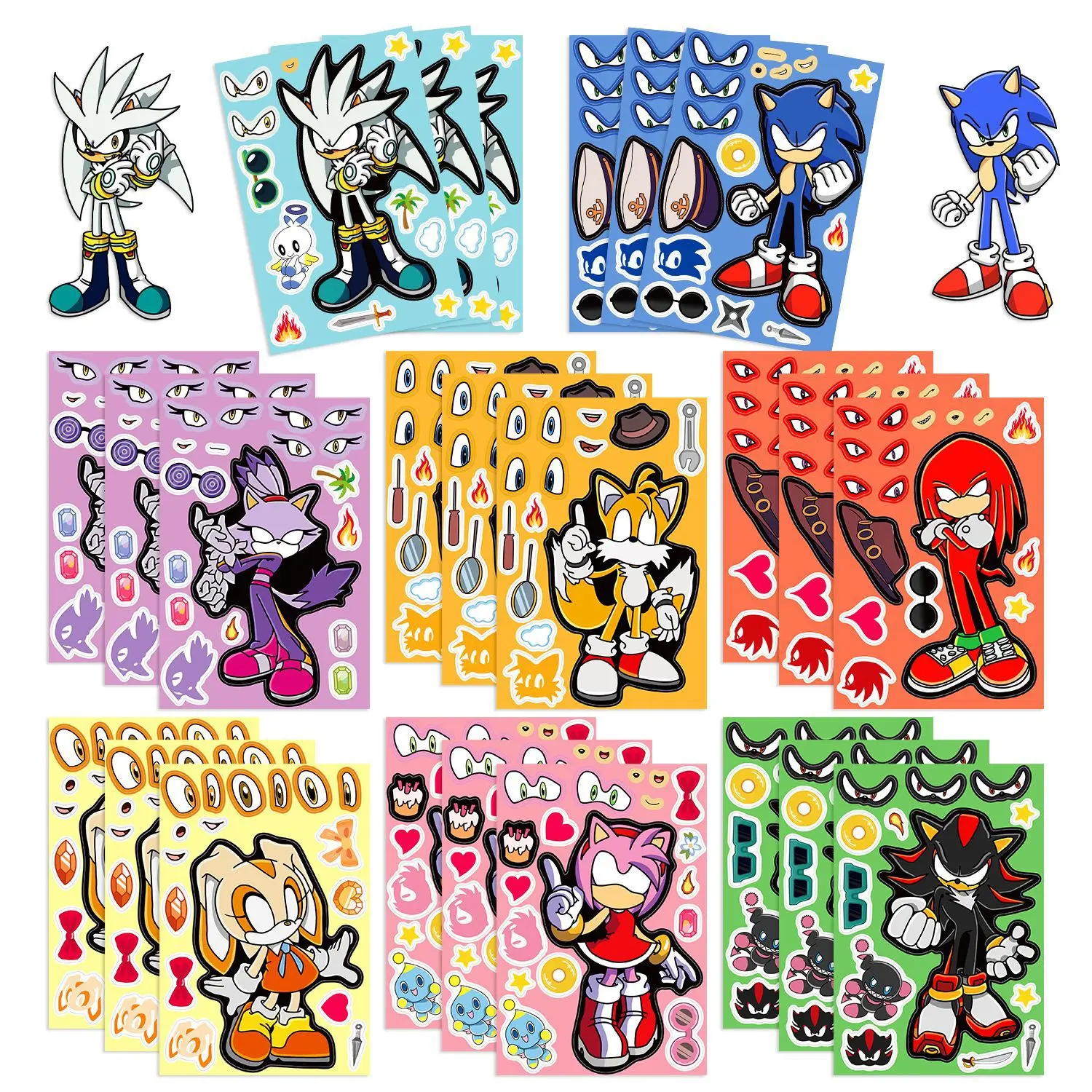 Cartoon 8 Sheets Anime Sonic The Hedgehog Puzzle Stickers Kawaii Make A Face Book Stickers Cute DIY Funny Sticker Toy Kids Gift