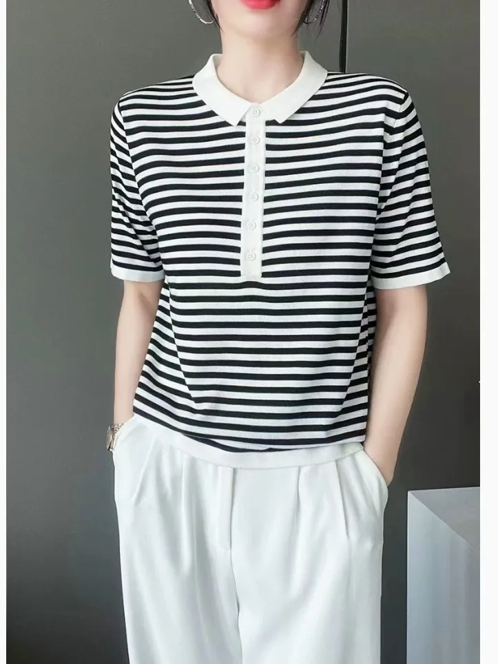 

Summer Women's ort Sve Knitted T-irt South Oil Large Brand Luxury Color Blo Striped Flip Collar Pullover Silk Top