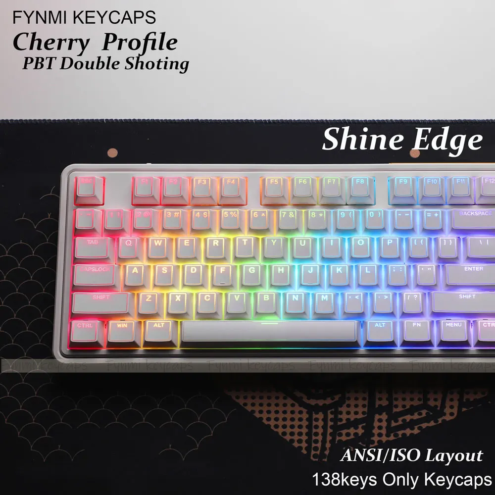 

Fynmi Shine Edge Shine Through Cherry ISO ANSI Layout PBT Double Shoting Колпачки клавиш для механической клавиатуры 138 клавиш