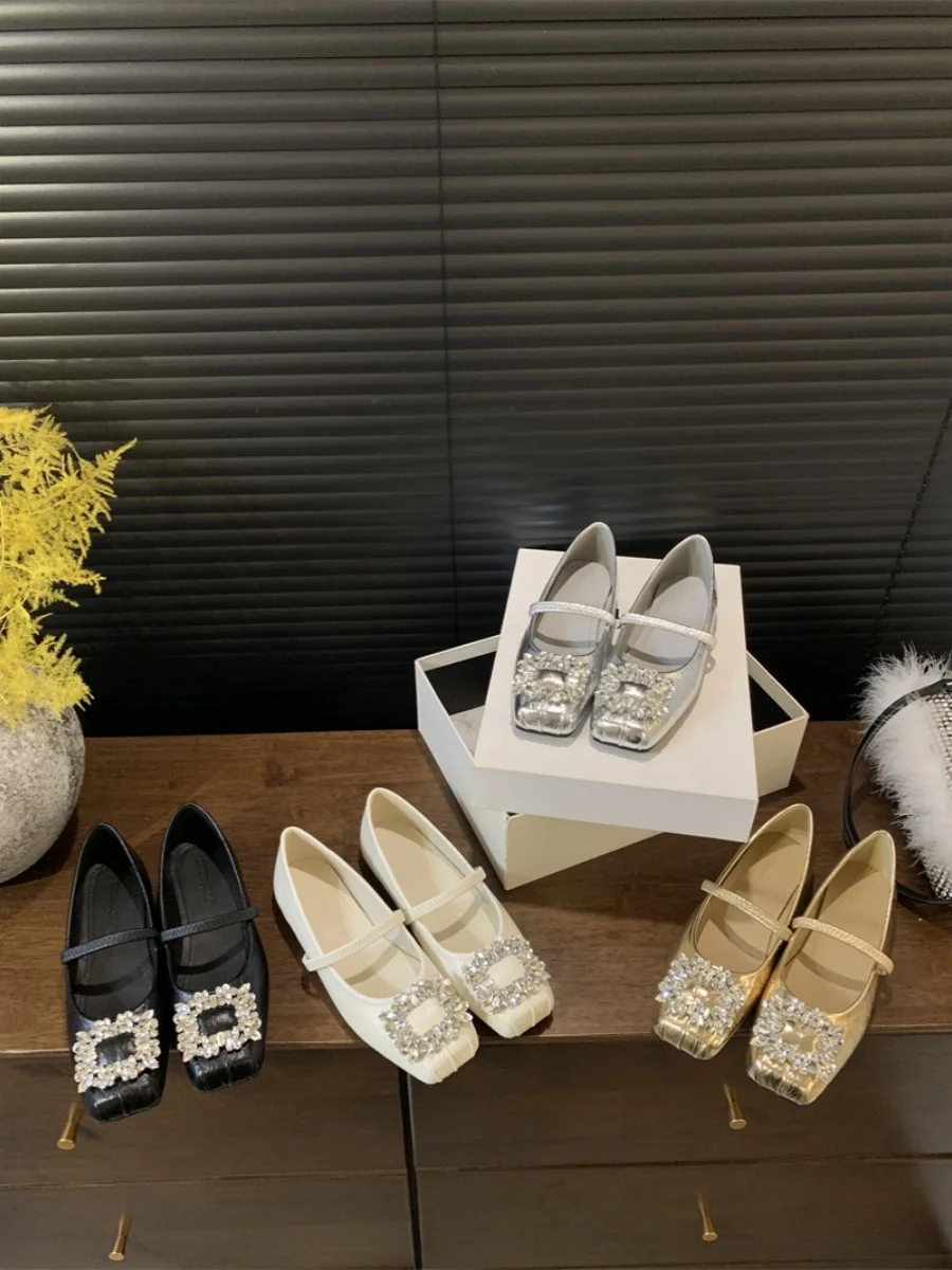 

Серебряная женская обувь на среднем высоком каблуке Mary Jane Single oes, новинка весны и осени 2025, туфли на плоской подошве с бриллиантами Evening oes