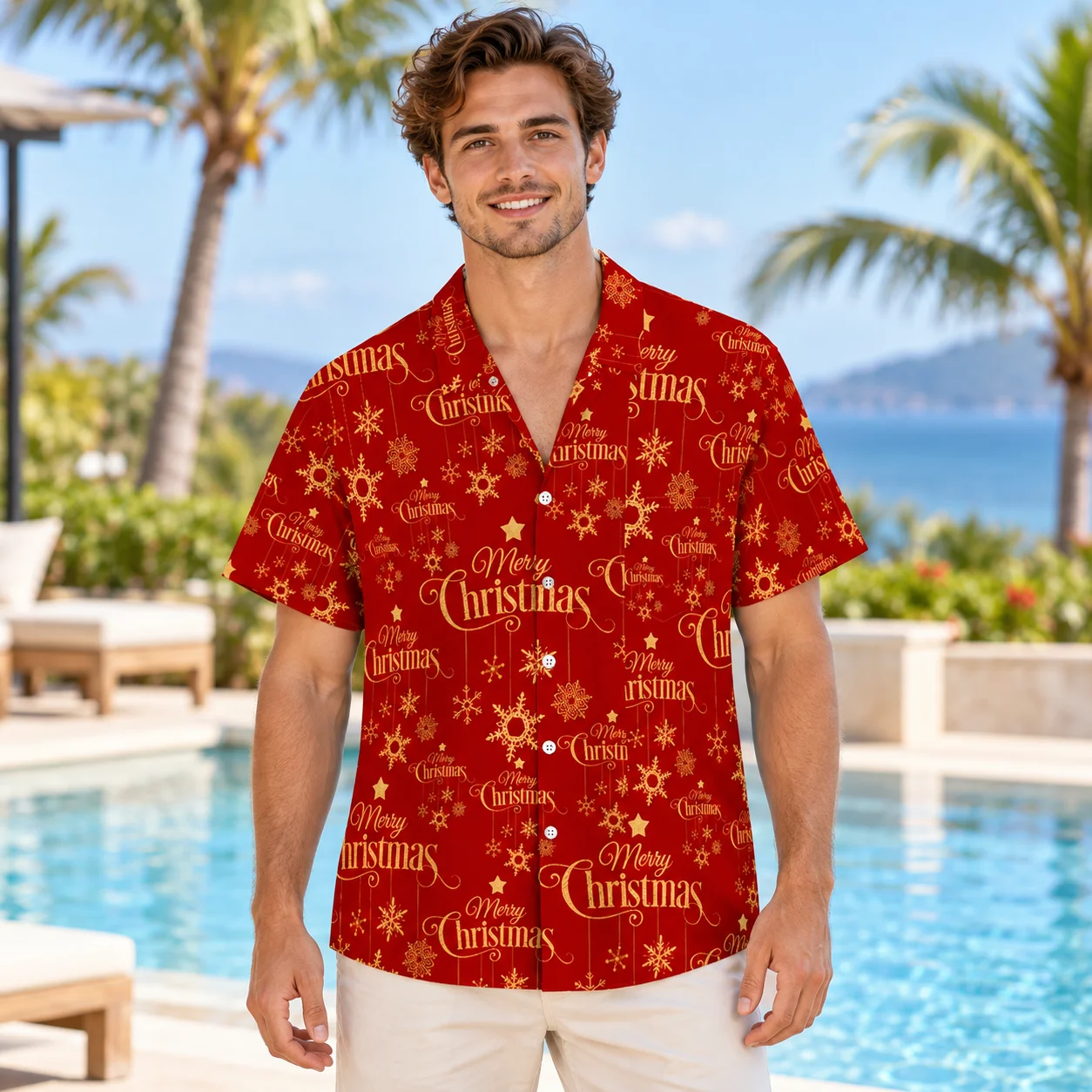 2027 Merry Christmas Lettering Shirts with Gold Snowflakes Red Hawaiian Shirt Short Sleeve Button Up Holiday Celebration Wear