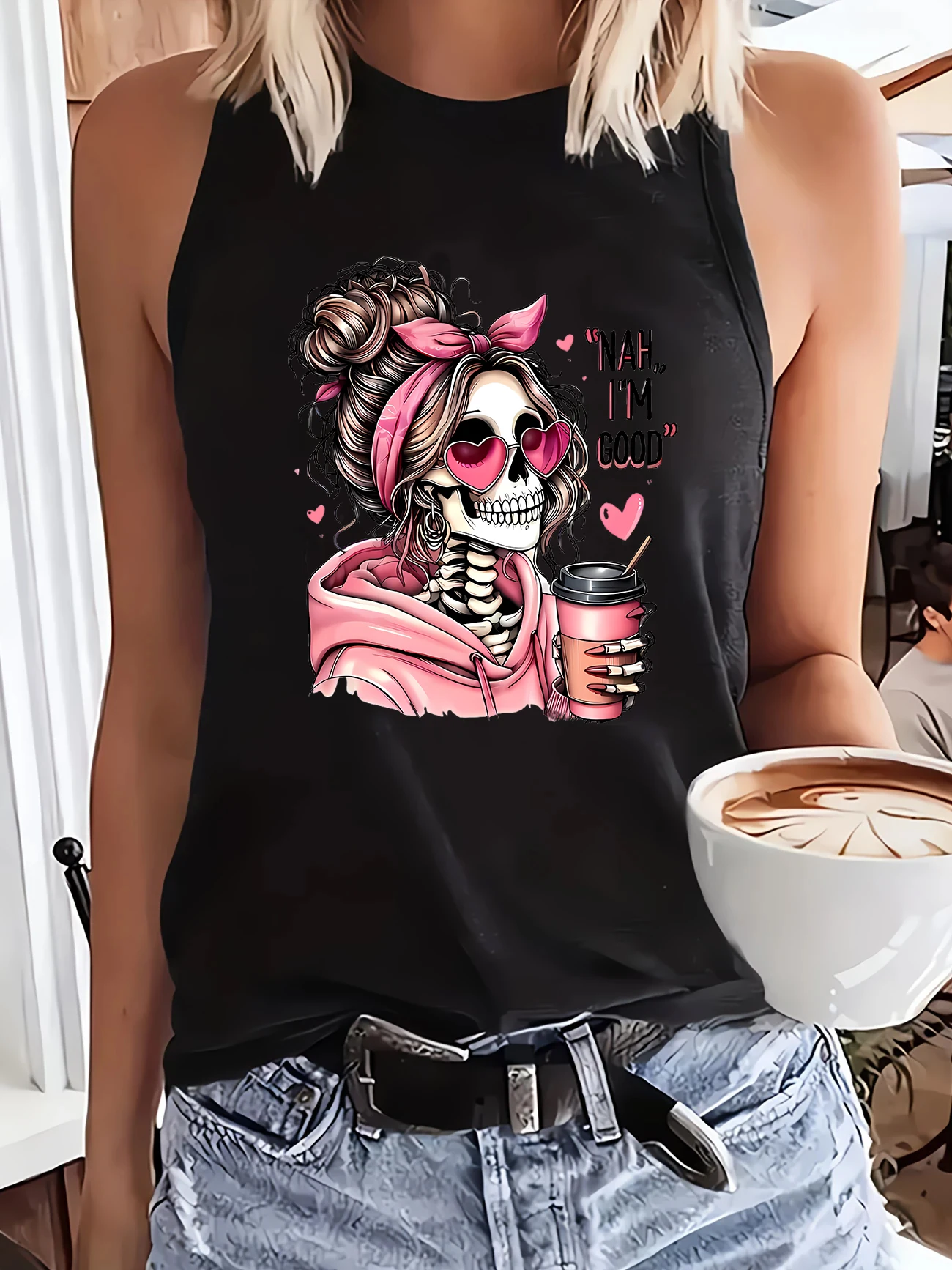 Funny Hip Hop Vest T-shirt Portrait Skeleton Tshirt Graphic Print Tank Top Women’s Sleeveless Crew Neck