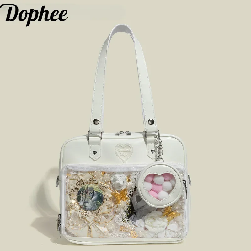 Dophee Original High-capacity Handbag Women Cute Y2k Commuter Bag Transparent PU Leather One Shoulder Crossbody Bags Shopping