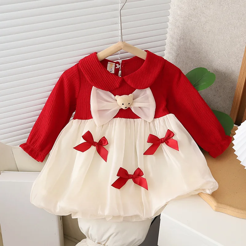 Girls\' Spring and Autumn New Korean Edition Cute Sweet Baby Cute Bear Bow Princess Dress Suitable for 9-36 Months