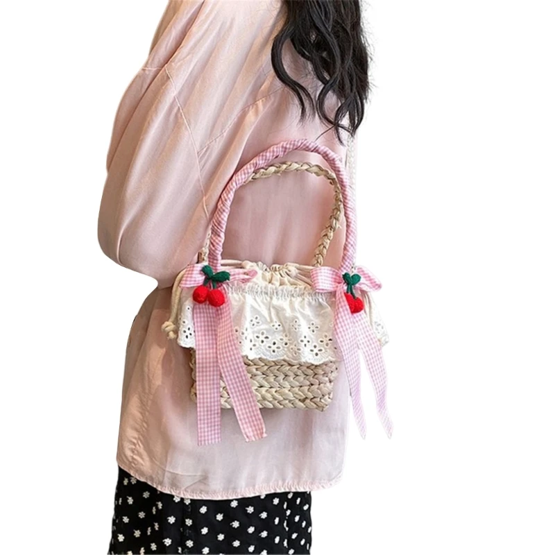 Women Sweet Woven Straw Bucket Bag with Bowknot Ruffle Lace Drawstrings Handbag Beach Pearl Chain Crossbody Bag