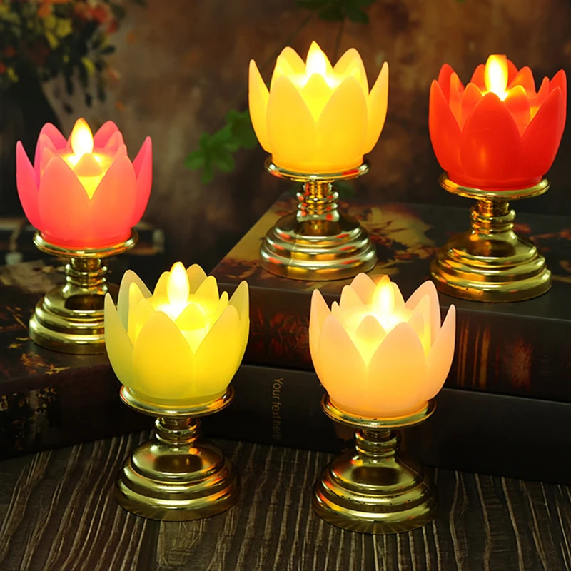 LED Lotus Light แบตเตอรี่ดําเนินการสีสันสดใสแสงธรรมชาติพระพุทธรูปโคมไฟสวดมนต์ Flicker เทียน LED โคมไฟชาตกแต่งวัด