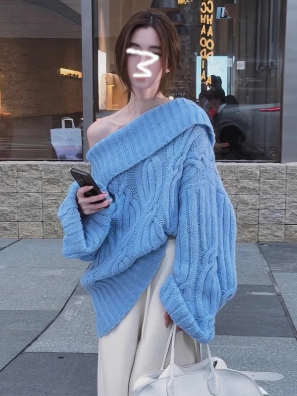 

Loose Korean Sle Blue Knitted Sweater Women's Autumn Winter New Sle One-oulder Twist Headwear Comfortable Warmth