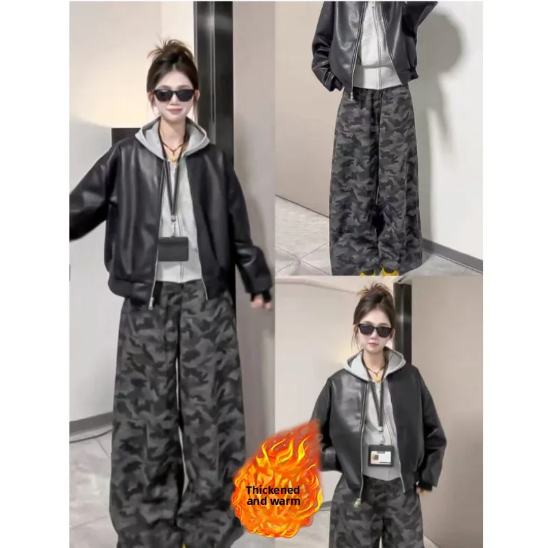

Retro American Camouflage Fleece Wide Leg Jeans Women's Spicy High Street Loose Slim High Waist Warm Winter Floor-Length Pants