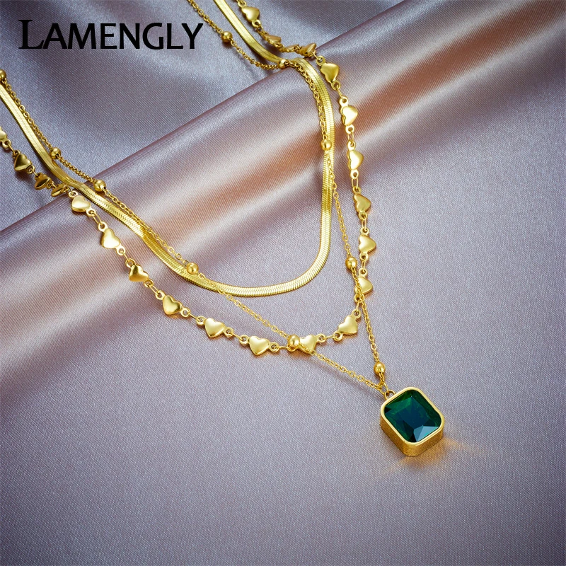 LAMENGLY 316L Stainless Steel Square Green Zircon Pendant Necklace For Women Girl New Trend Multilayer Chains Jewelry Gift Party