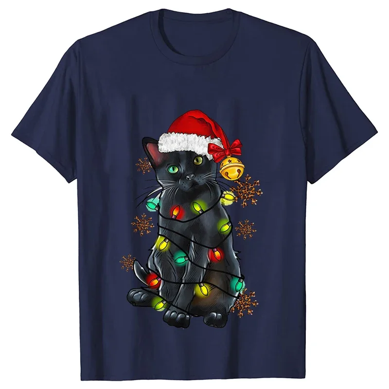 Fashion Christmas Lights Holiday T-shirt for Men Funny Cat Christmas Party Tops Harajuku Sweatshirt Oversized Clothing