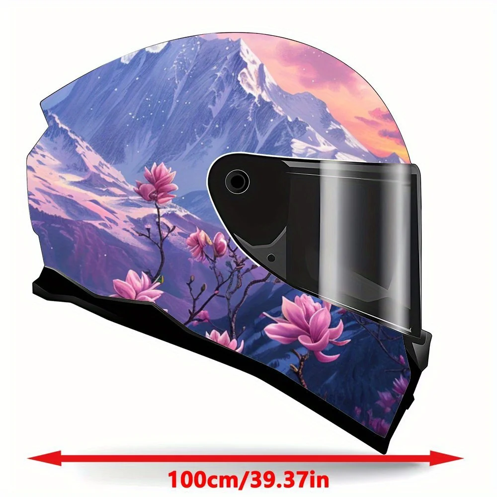 Helmet's poetic distance: Floral and snowy mountain theme graphic, vinyl motorcycle helmet graphic sticker film, heat insulation