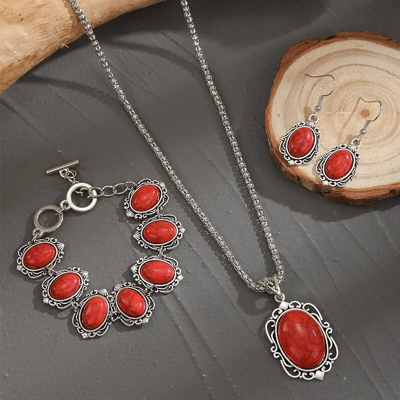 3PCS Vintage Antique Silver Natural Red Stone Jewelry Set Pendant Necklace Bracelet Drop Earrings For Woman Retro Style