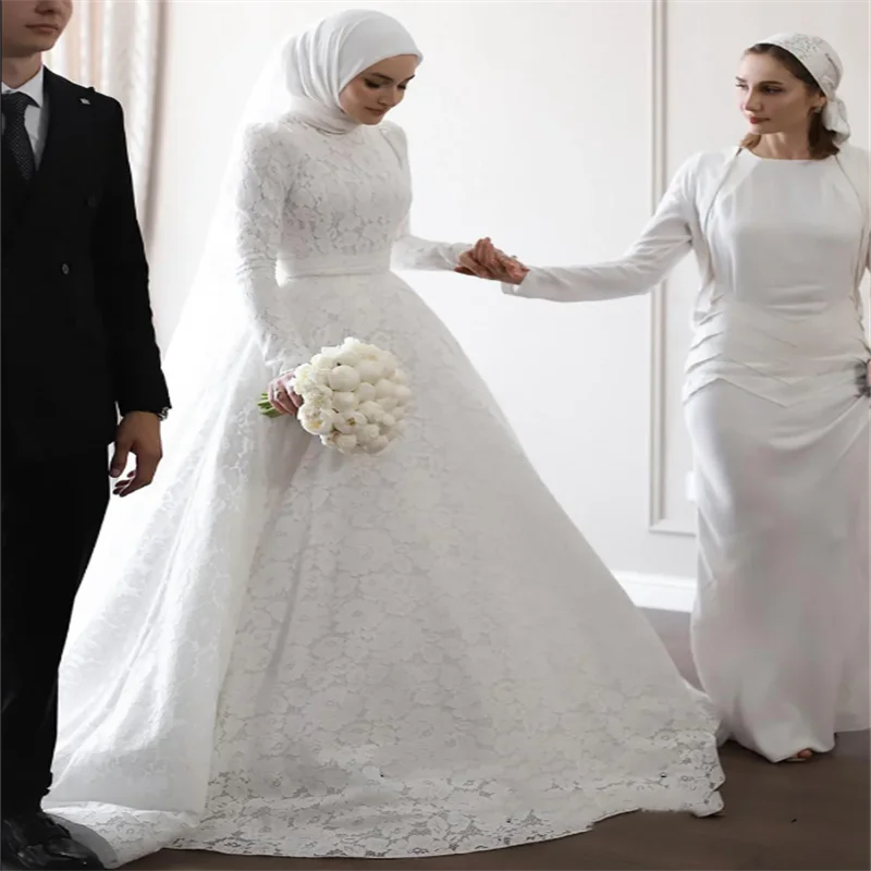 

Muslim White Wedding Dress Customized Long Sleeves Ball Bridal Gown Sweep Train Vestido De Noiva Dubai Bridal Dresses for Woman